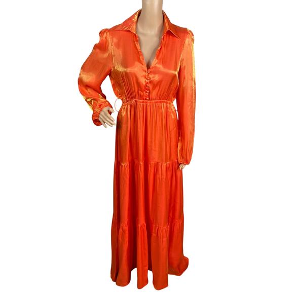 Orange Gold Metallic Shift Tiered Flowing Fairy Maxi Dress SZ M - Picture 1 of 10